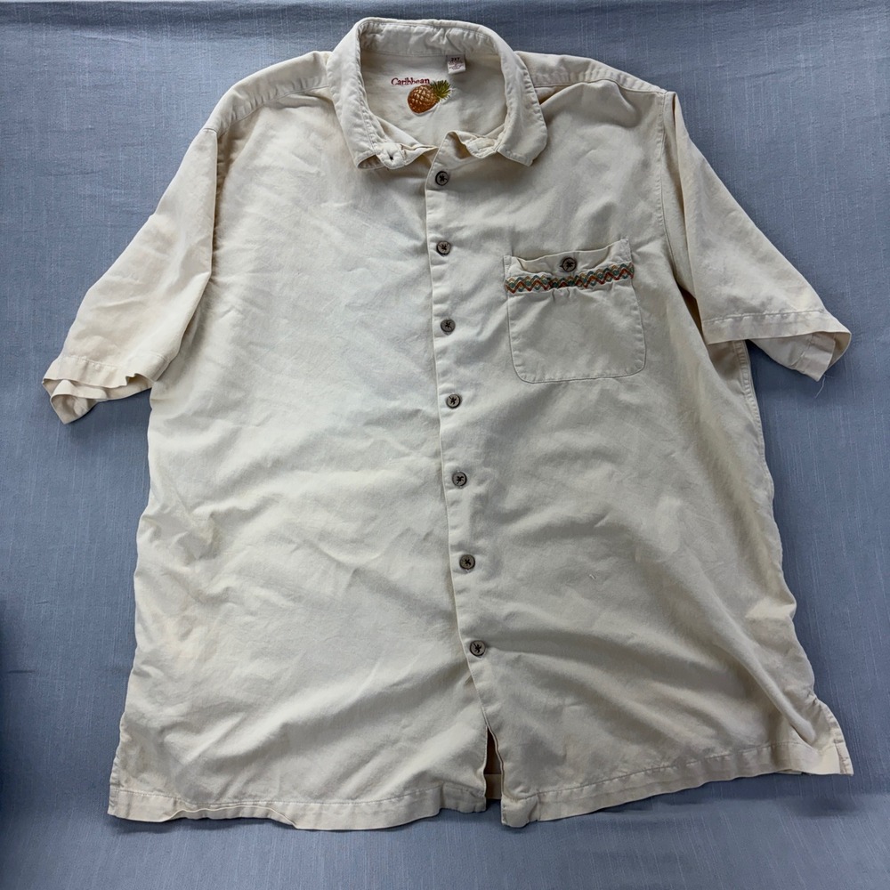 Caribbean Button Down Shirt Mens 2XT Silk Cotton Blend Cream Back Embroidery